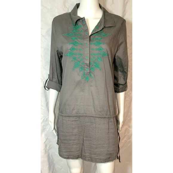 Prana Embroidered Drop Waist Drawstring 100% Cotton Roll Sleeve Tunic - Size M - Picture 6 of 13